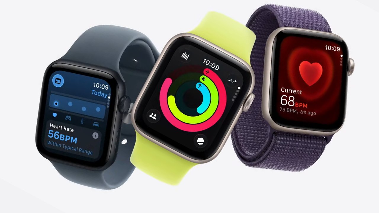 Three smartwatches displaying different screens: heart rate reading, activity tracking rings, and large heart icon with current heart rate. Various band styles and colors are shown.
