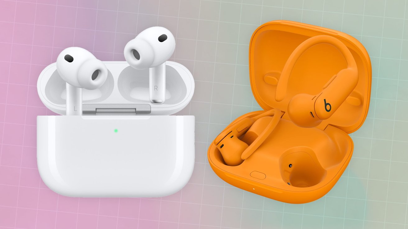 White wireless earbuds in charging case next to orange earbuds in open case on gradient background.