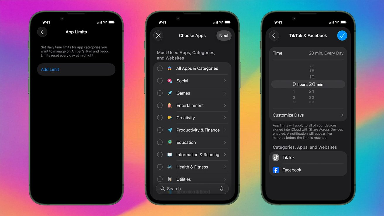 Three smartphone screens show the application limit setting, selecting an application category, and details of the time limit on the color gradient.