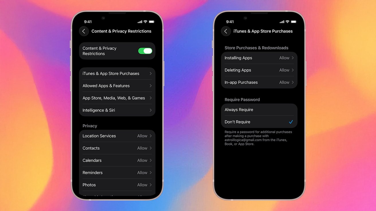 Two smartphones show the content and protection of the personal data, including the limitation of the App and the password requirements, the background of the color gradient.