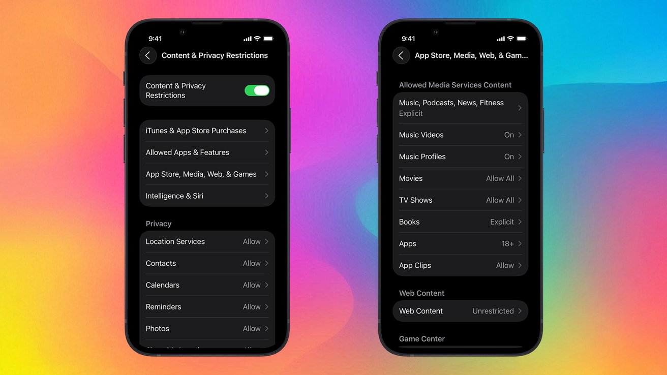 Two smartphones showing menu settings for content and privacy against clear restrictions, colorful gradient background.