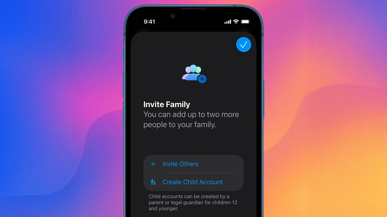 Smartphone screen displaying a family sharing invitation interface, offering options to invite others and create child accounts against a colorful gradient background.