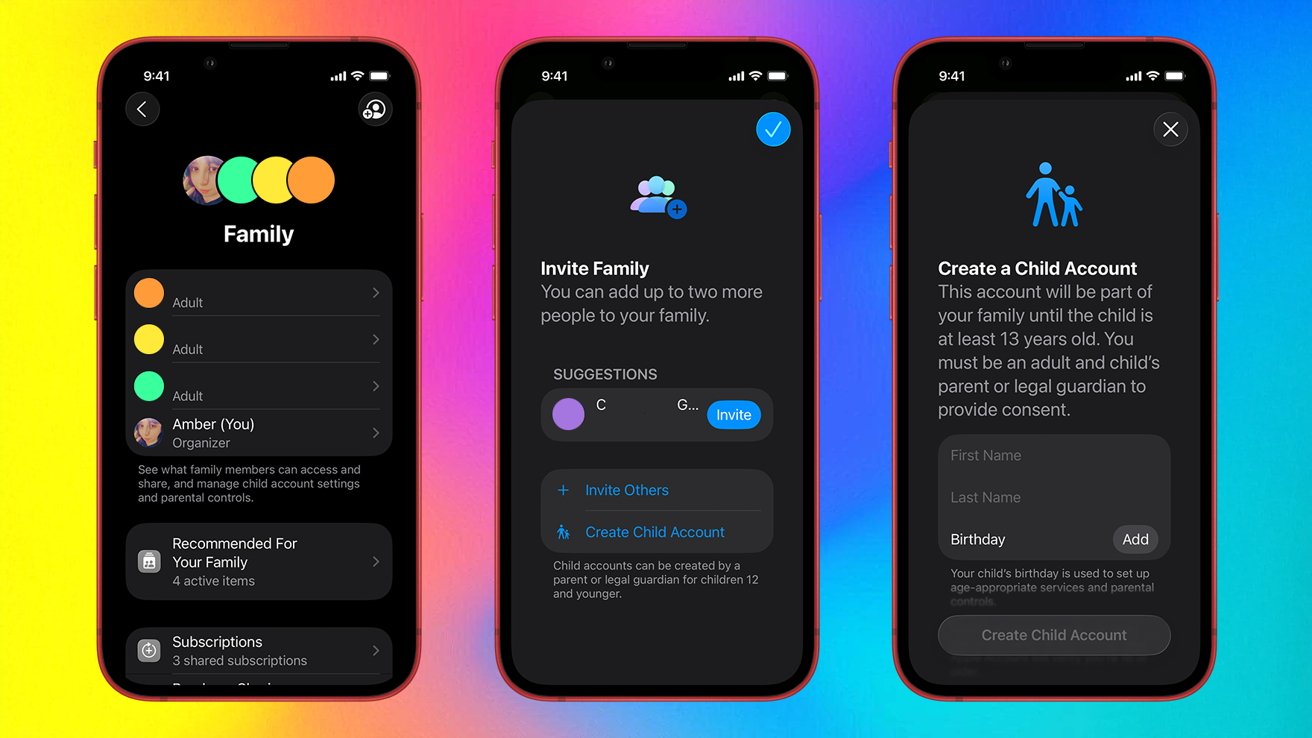 Three smartphone screens show settings of family accounting, family invitation and creating a children's account, with a colorful gradient background.