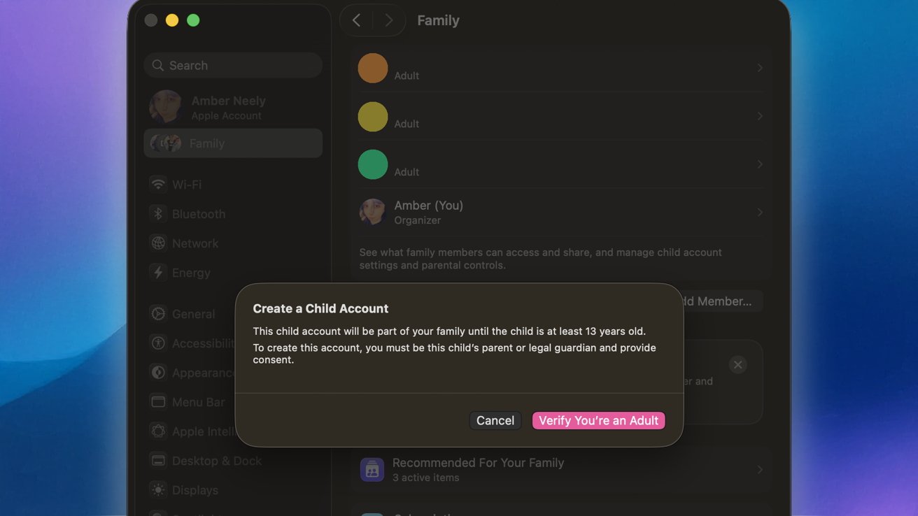 Notification pop -ups to create a baby account in the Apple family settings requiring parents' consent. Two buttons displayed: 