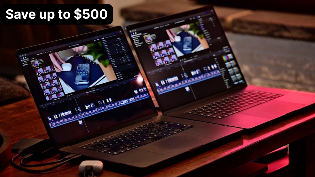 Two MacBook Pro laptops displaying video editing software on a wooden table, with text in the top-left corner offering savings up to $500.