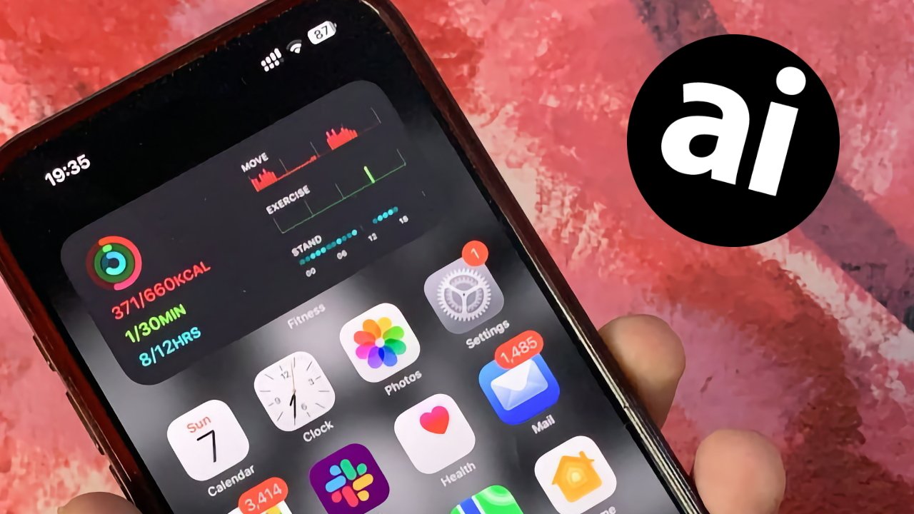 Smartphone screen displaying fitness app with activity rings, app icons for settings, photos, and mail. Background features a red textured surface, circular logo with 'ai' visible.