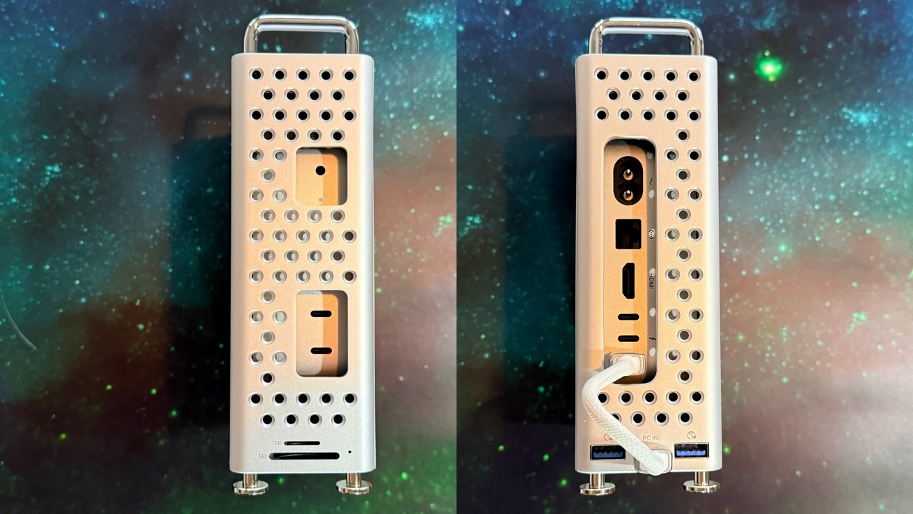 Two views of a silver electronic device with perforated sides, showing power sockets, USB ports, HDMI input and cable on a starry background.