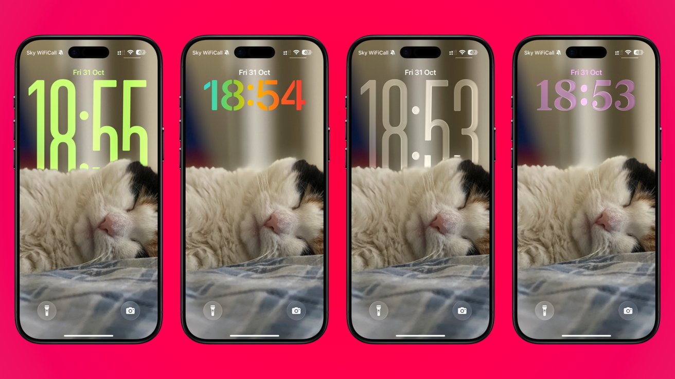 Four smartphones display a sleeping cat wallpaper with different colored clock numbers overlaid. The phones are set against a bright pink background.