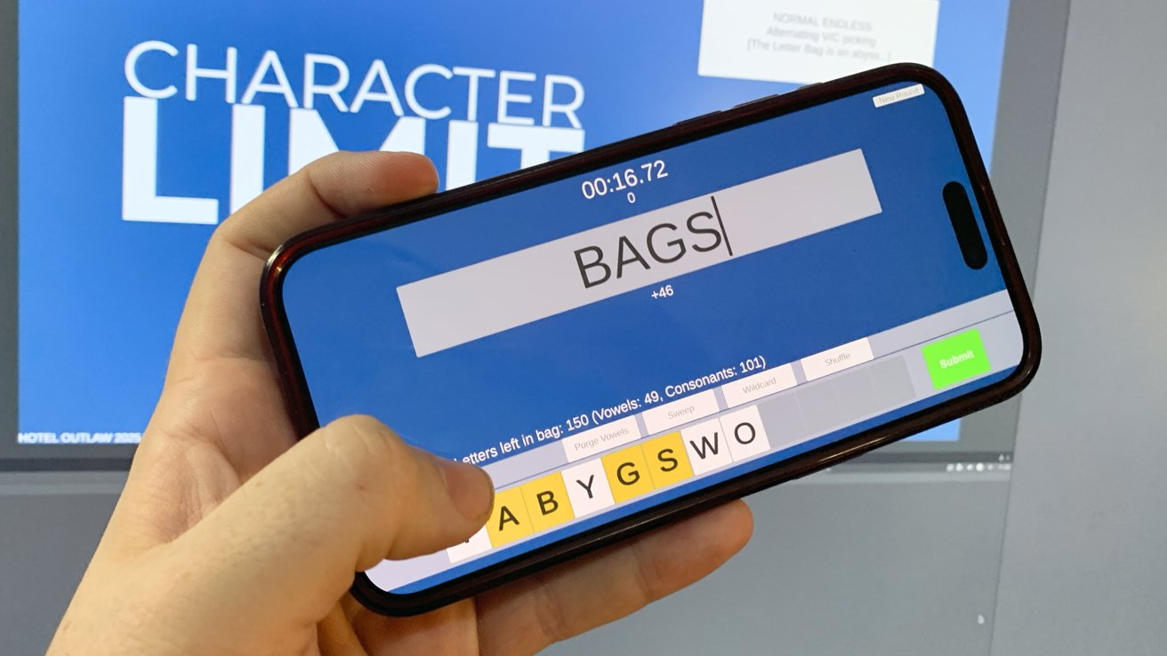 Hand holding a phone showing a word game screen with 'BAGS' entered, against a blue background with 'CHARACTER LIMIT' text.