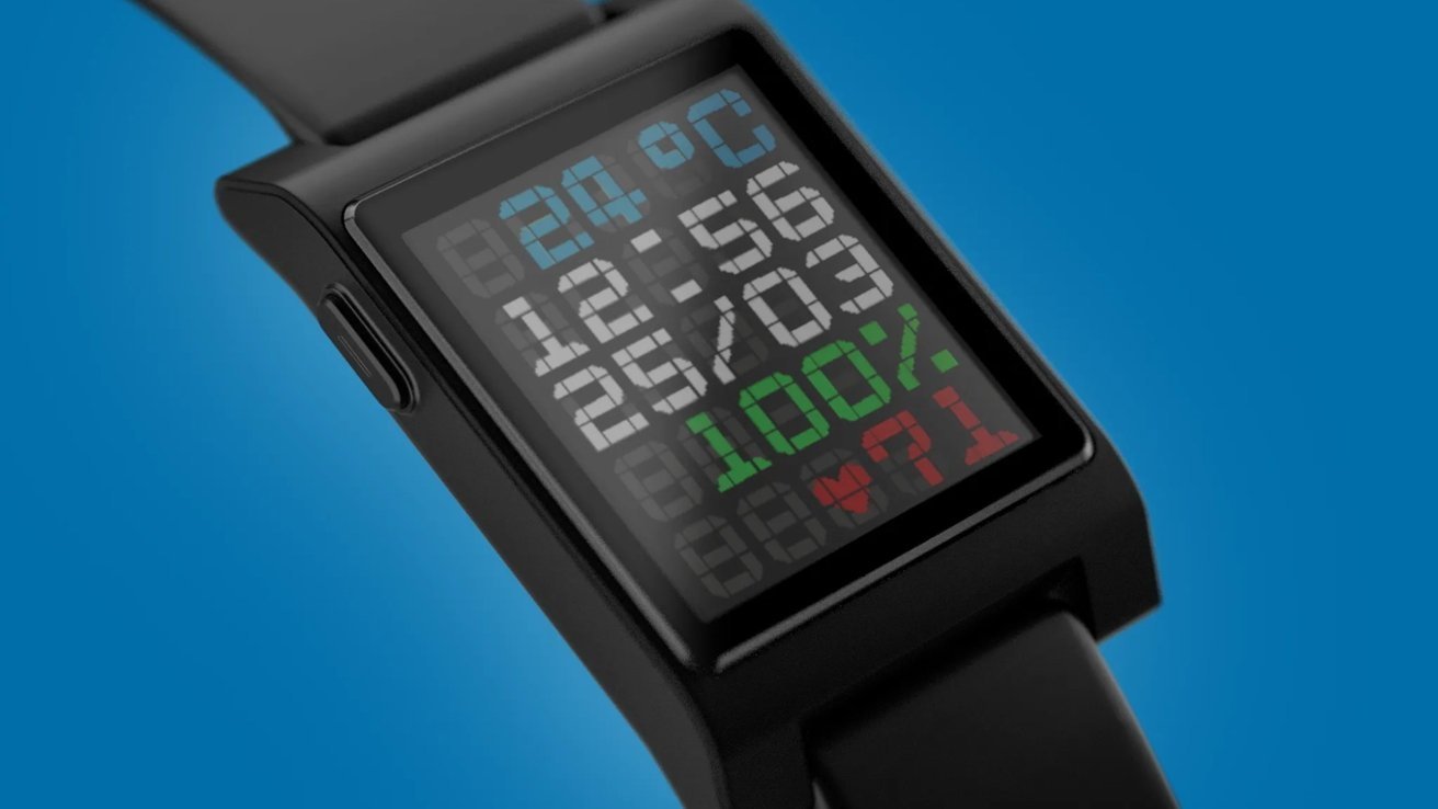 Black smartwatch displaying temperature, time, date, battery percentage, and heart rate on a blue background.