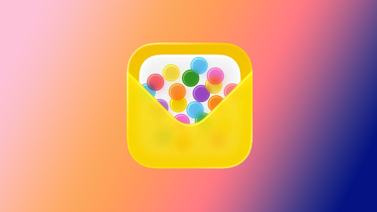 Yellow envelope with colorful dots inside on a gradient background of pink, orange, and blue.