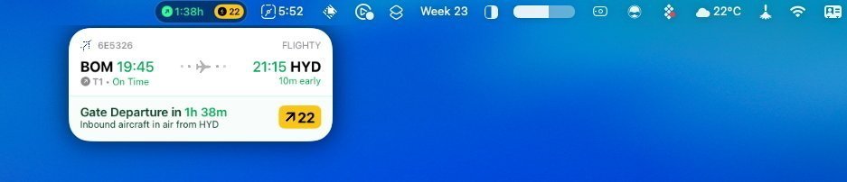 Flight information displayed on a blue background: BOM departure 19:45 on time, HYD arrival 21:15, 10 minutes early. Gate departure in 1 hour 38 minutes. Temperature 22C.