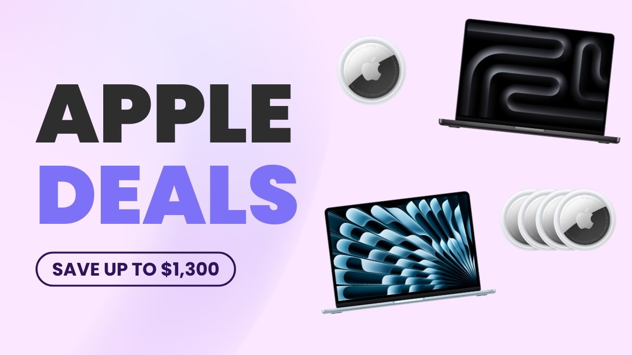 Apple products, including two MacBooks and AirTags, on a light purple background promoting deals with a savings offer up to $1,300.
