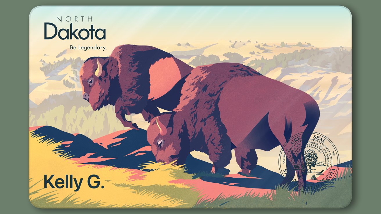 Two bison grazing on colorful grass in a stylized landscape with hills. North Dakota text and state seal present. Kelly G. signature in the corner.