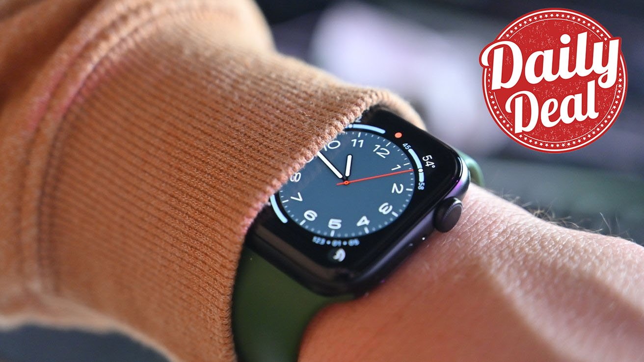 A person wearing Apple smartwatch with an analog display partially covered by a brown sleeve, next to a red daily deal badge.