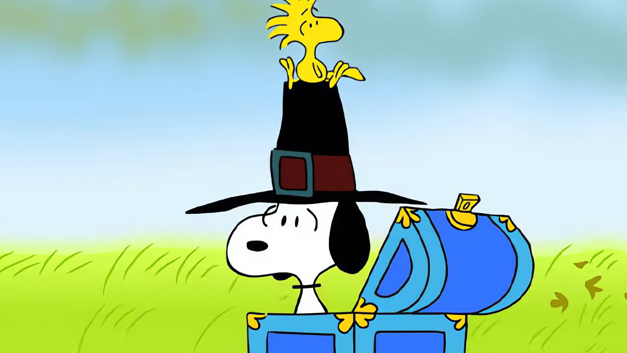Cartoon dog wearing a tall black hat with a small yellow bird perched on top, standing in an open blue chest against a grassy field background.