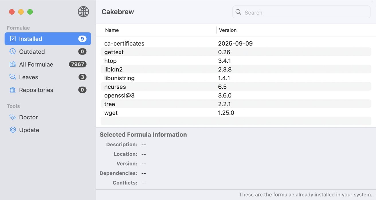 Cakebrew app interface showing a list of nine installed software packages with their names and versions, alongside navigational options and tools.