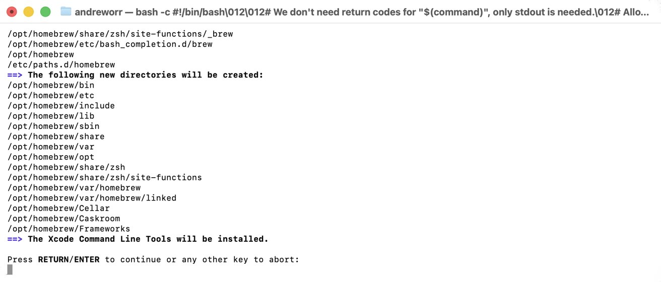 Terminal output showing installation of Homebrew directories and Xcode Command Line Tools instruction with prompt to continue.