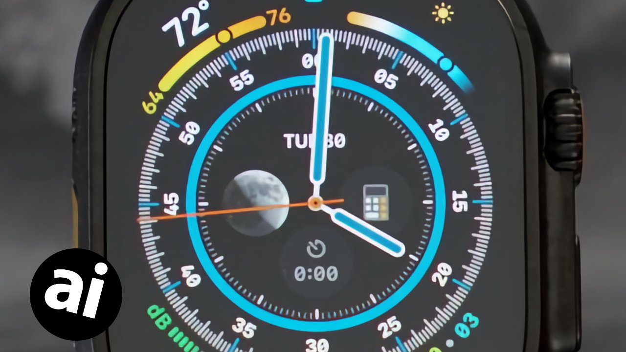 Smartwatch face displaying temperature, moon phase, timer, and current day, surrounded by colorful design elements and numeric indicators.