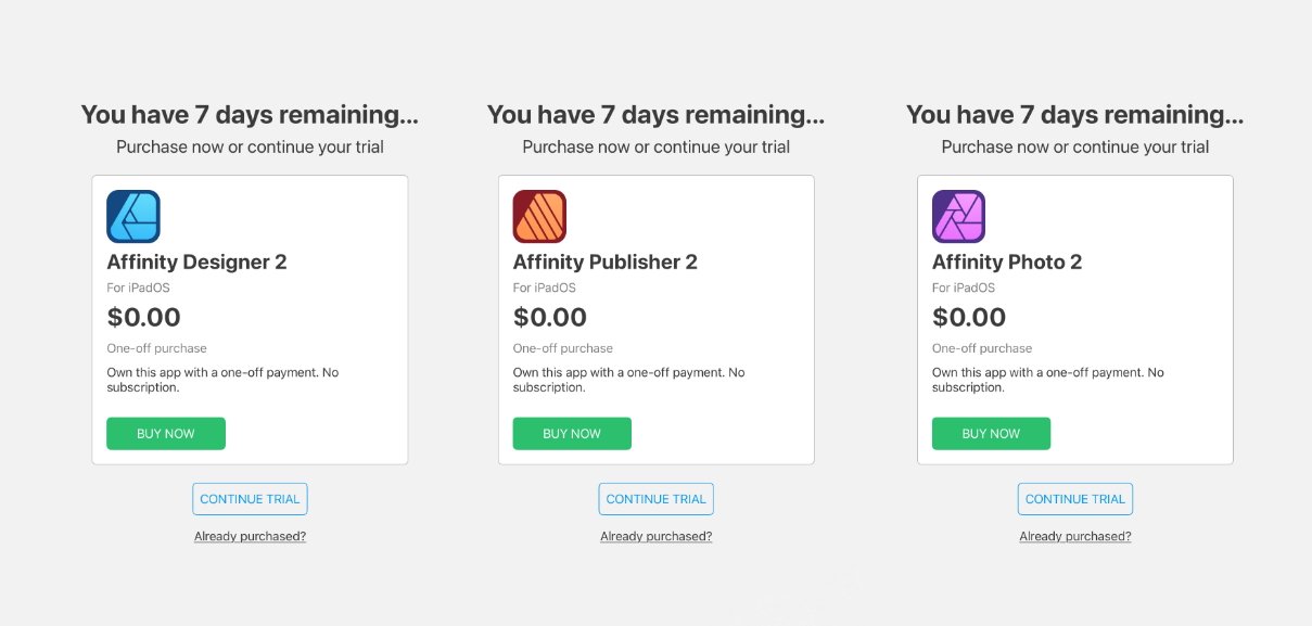 Three app purchase options for Affinity Designer 2, Publisher 2, and Photo 2 are shown, each with a trial period message, zero dollar price tag, and buy-now button.