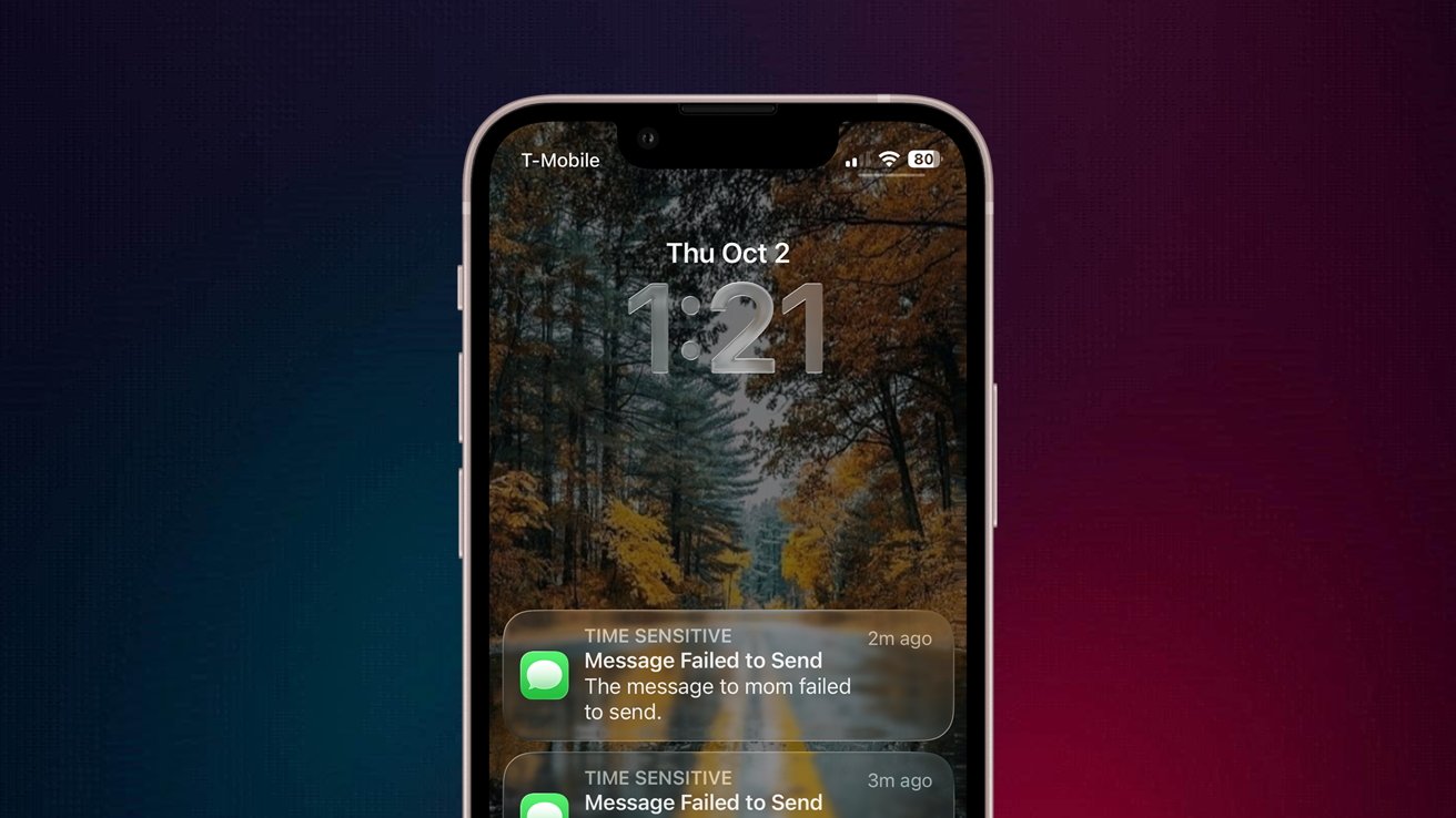 Phone lock screen showing time 1:21 with autumn forest background and notifications of two failed messages.