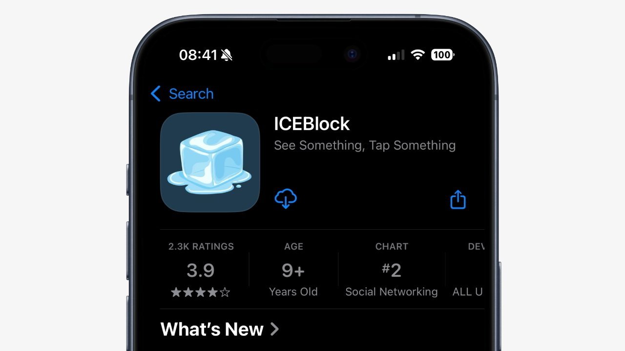 Smartphone screen showing ICEBlock app in App Store, featuring an ice cube icon, 3.9 rating, age 9, and ranks 2 in social networking.