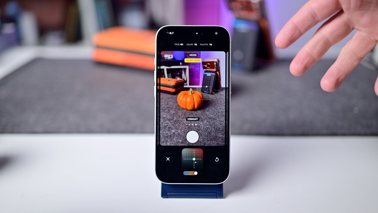A camera interface on a phone with a tint adjuster on the bottom