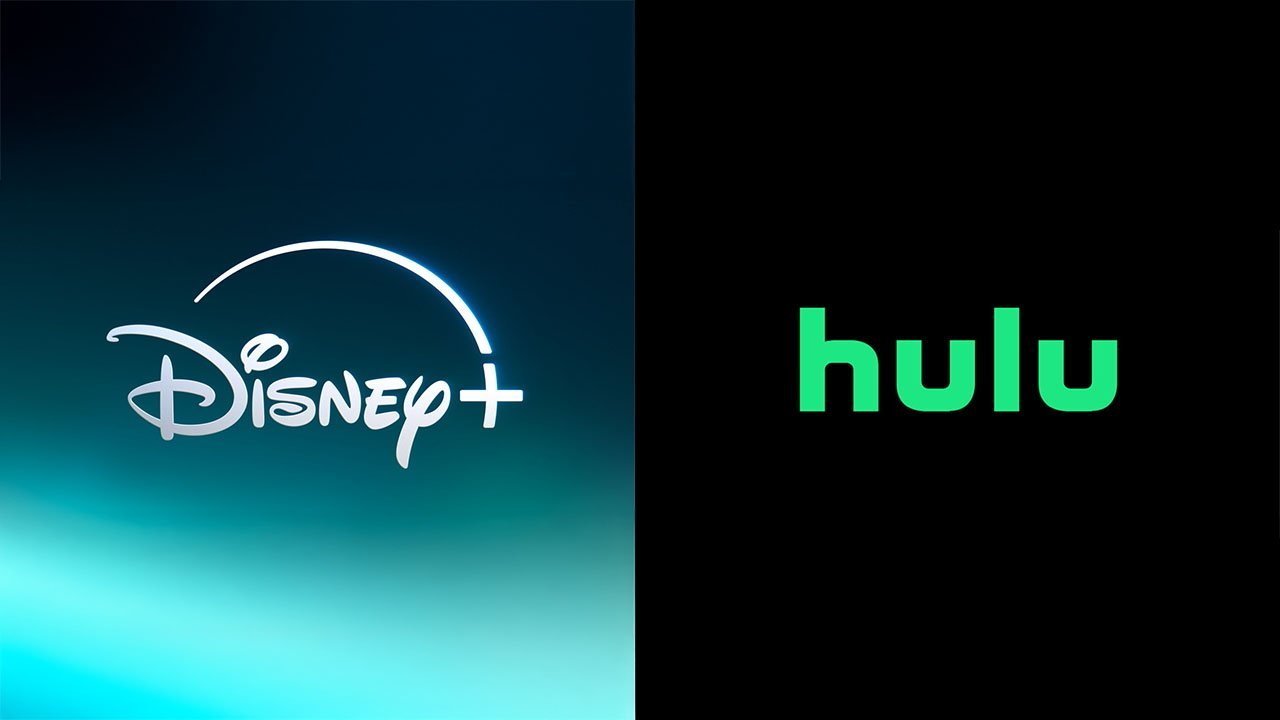 Disney Plus logo on a blue gradient background beside Hulu logo on a black background.