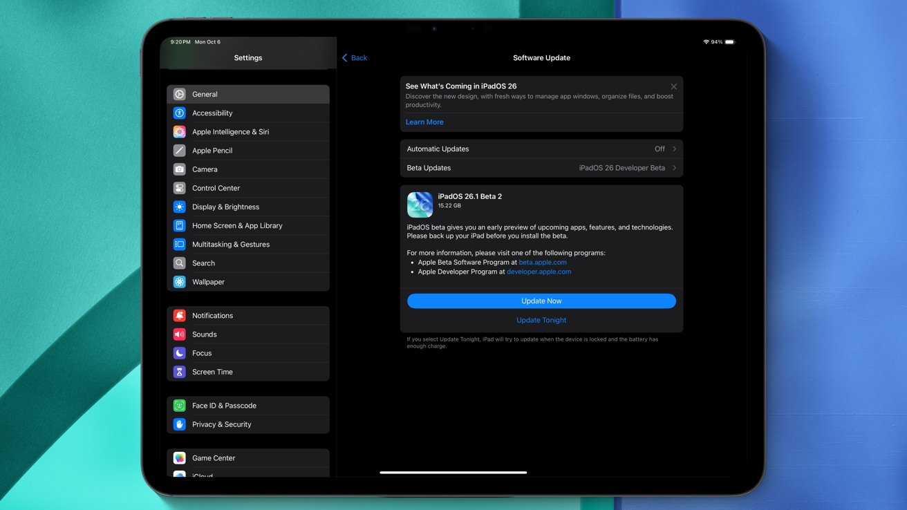 Tablet displaying software update settings for iPadOS 26.1 Beta 2 with options to update now or tonight. Left sidebar shows settings menu with various options.