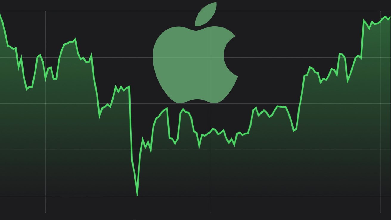 Green line graph with fluctuations on a dark background, overlaying a large apple symbol in the center.