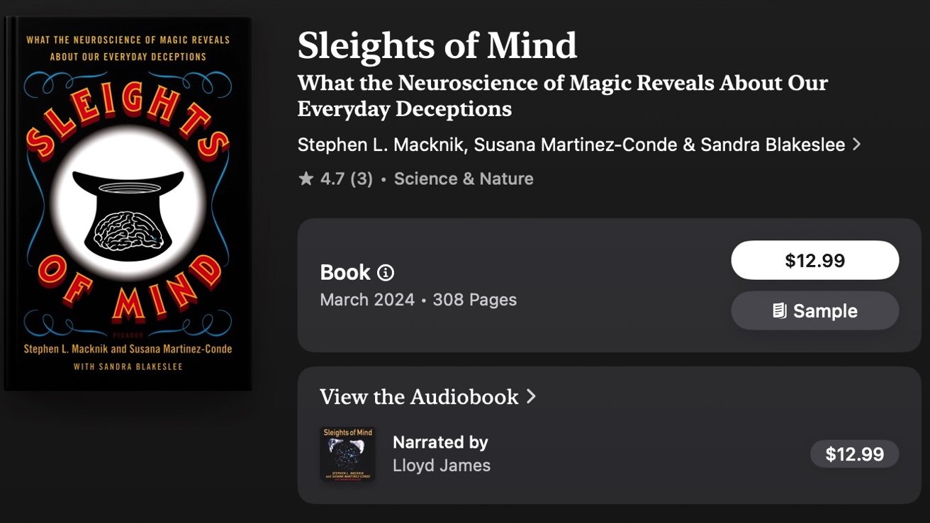 Book cover titled 'Sleights of Mind' with a brain inside a magician's hat. Includes pricing, ratings, and details for audiobook and book release in March 2024.
