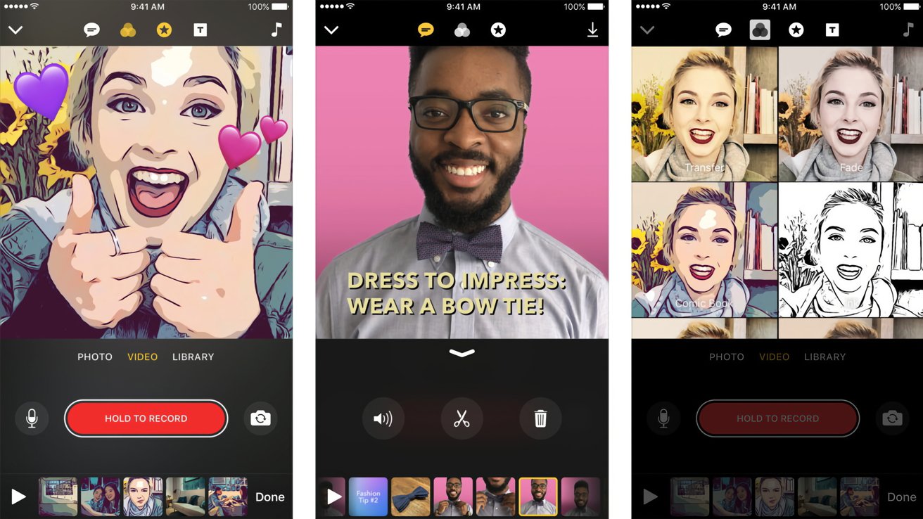 Three phone screens displaying a video editing app with comic book effects. First: woman with hearts, second: man with bow tie, third: woman in four filter styles.