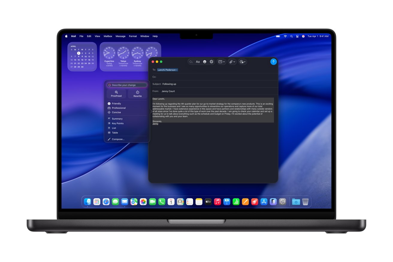Laptop screen displaying an email draft with a sidebar menu offering writing tools like proofreading and summarizing. Desktop background features purple and blue abstract waves.