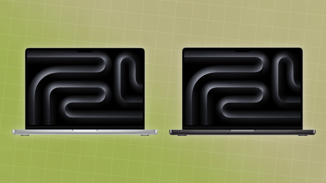 Two open laptops with abstract black designs on screens, positioned side by side on a green checkered background.