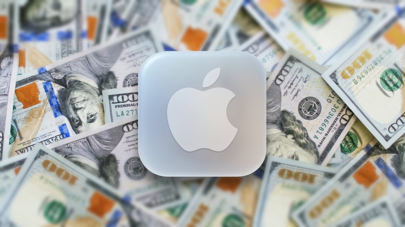 Apple logo on a smooth, rounded square surface, placed on scattered US hundred-dollar bills.