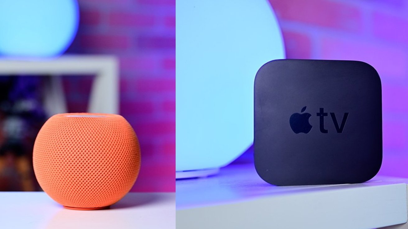 Orange spherical speaker and black rectangular device on a white surface, with a blurred background featuring soft blue and purple lighting.