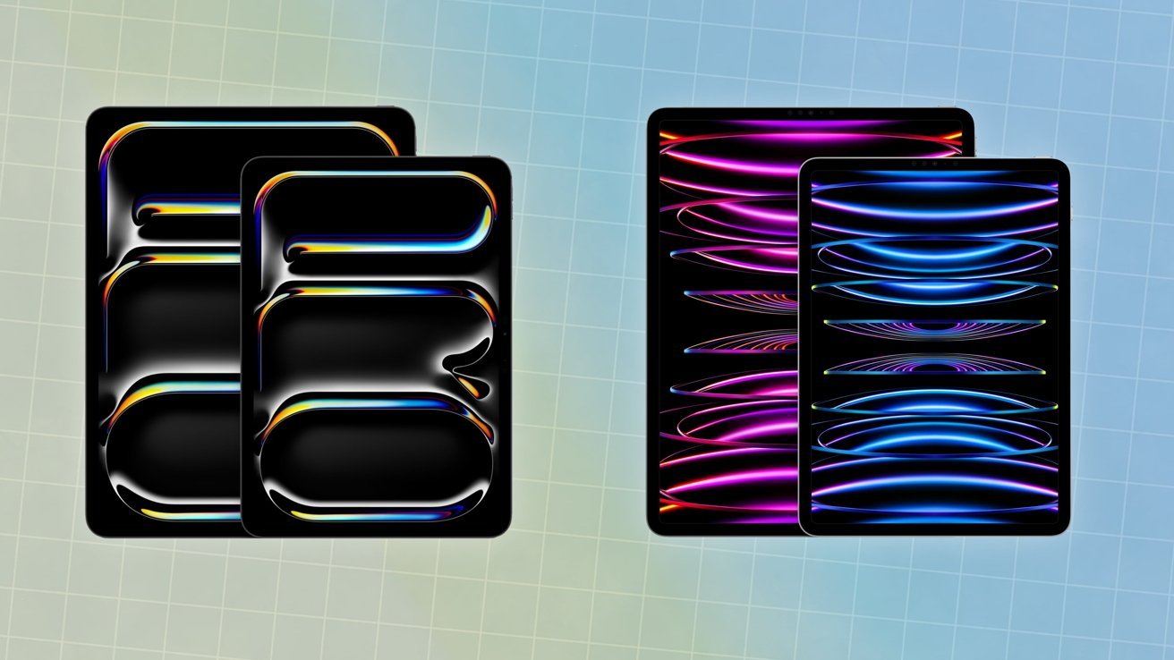 Four tablets with colorful, abstract wave designs on screens, set against a light grid-patterned background.
