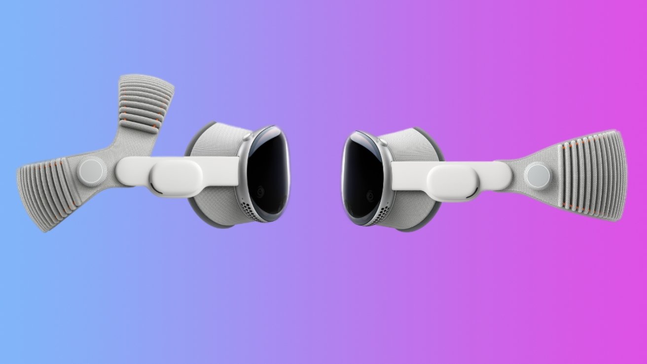 Two white and gray virtual reality headsets facing each other on a gradient blue to pink background.