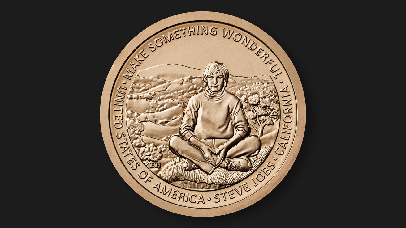 A bronze coin features a person sitting cross-legged with landscape background. Text around the edge reads: 'Make something wonderful,' along with United States of America, Steve Jobs, California.