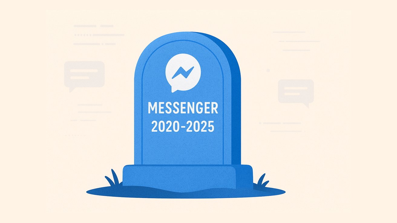 Blue tombstone with a messaging app icon, labeled Messenger 2020-2025, surrounded by grass and faint speech bubbles in the background.