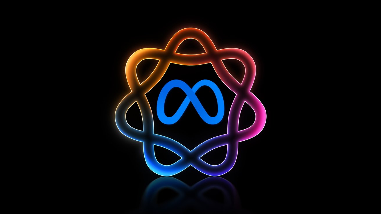 Blue infinity symbol inside multicolored atomic shape on black background, representing Meta AI.