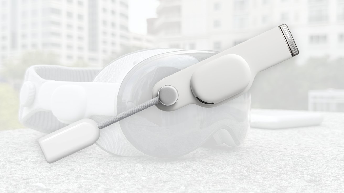 Futuristic white and gray virtual reality headset with a sleek, smooth design and an attached cord, set on a stone-like surface with buildings blurred in the background.