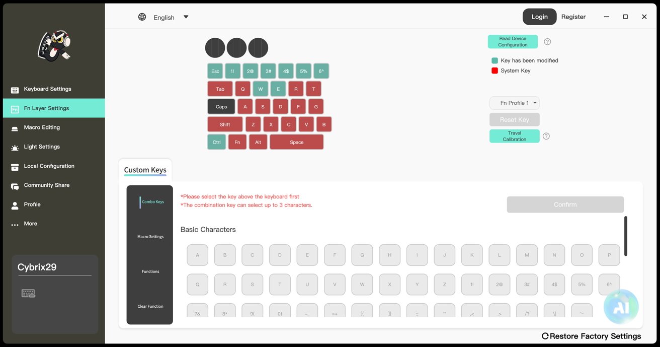 Keyboard settings interface with custom key configuration options, including combo keys and macro settings. Displays a keymap with different color codes for modified and system keys.