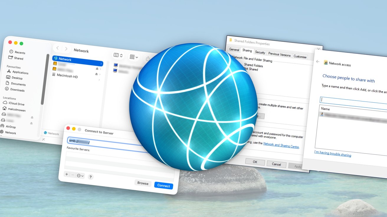 A digital blue globe with network lines, overlaid on screenshots of network settings and server connection windows, against a serene beach background.
