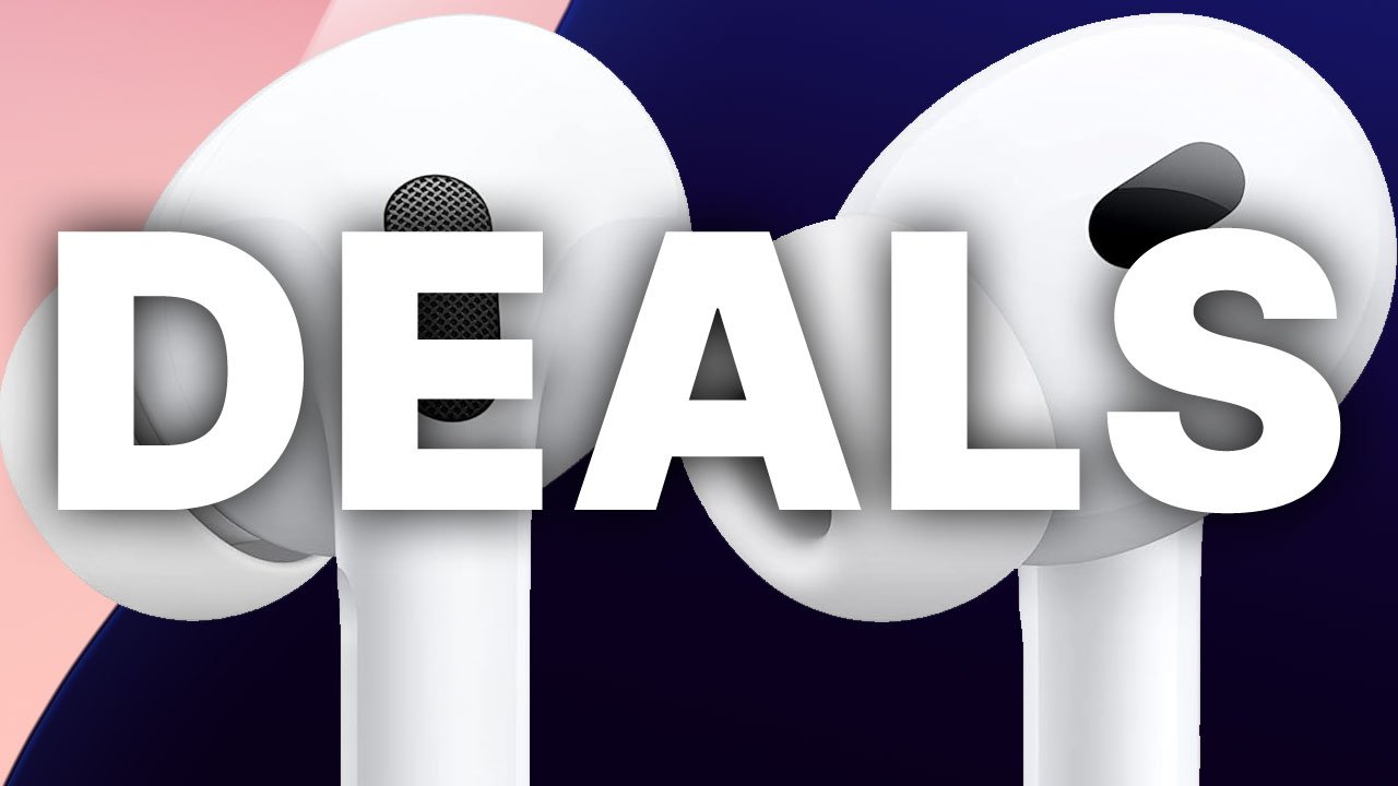 AirPods Pro 2 against a pink and dark blue background with bold text overlay saying DEALS.