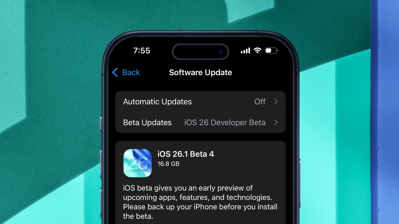 iPhone screen showing iOS 26.1 Beta 4 update details with options for automatic and beta updates, surrounded by a teal and blue background.