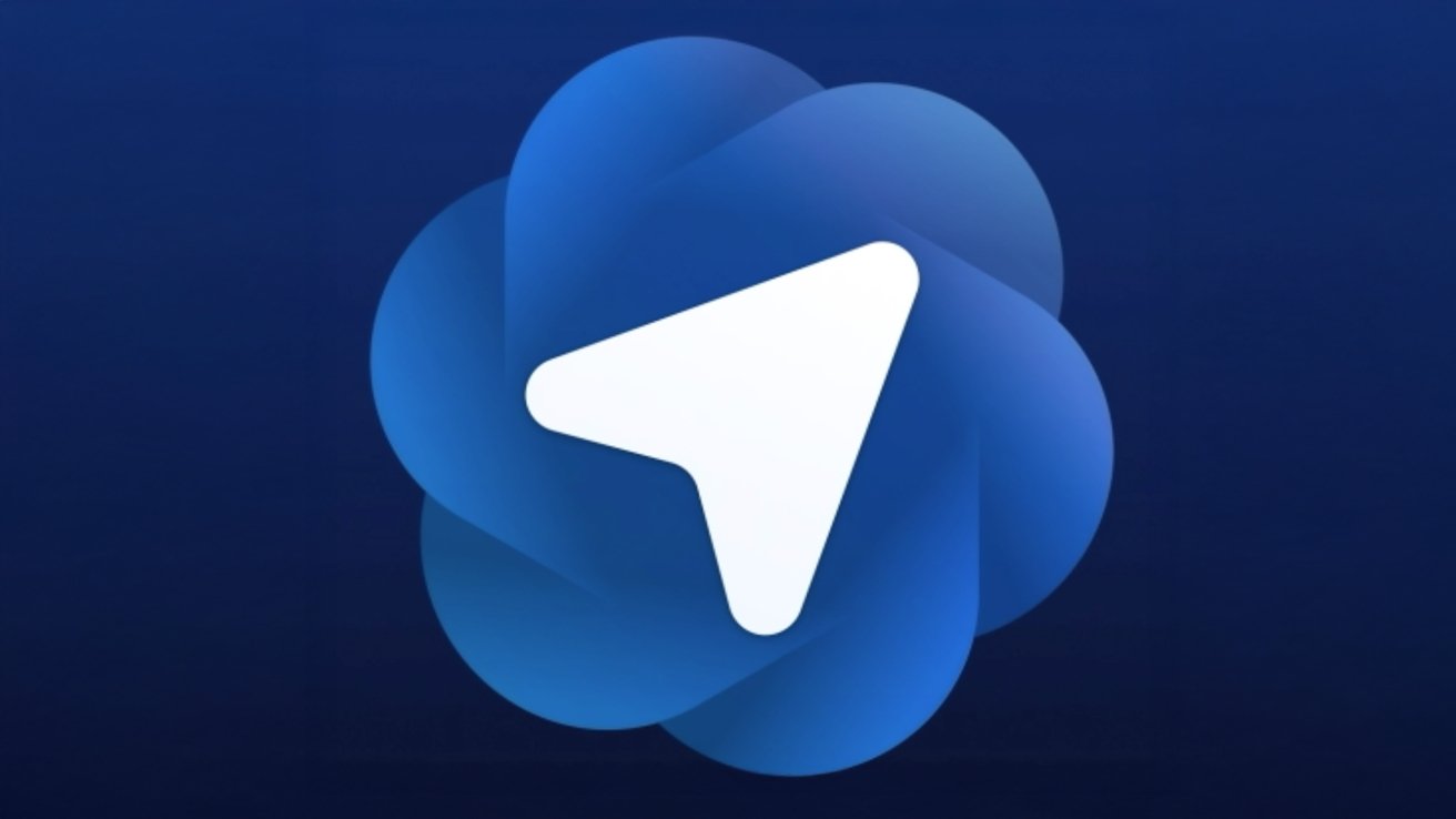A white paper plane inside a stylized, layered blue flower-like shape on a dark blue background.