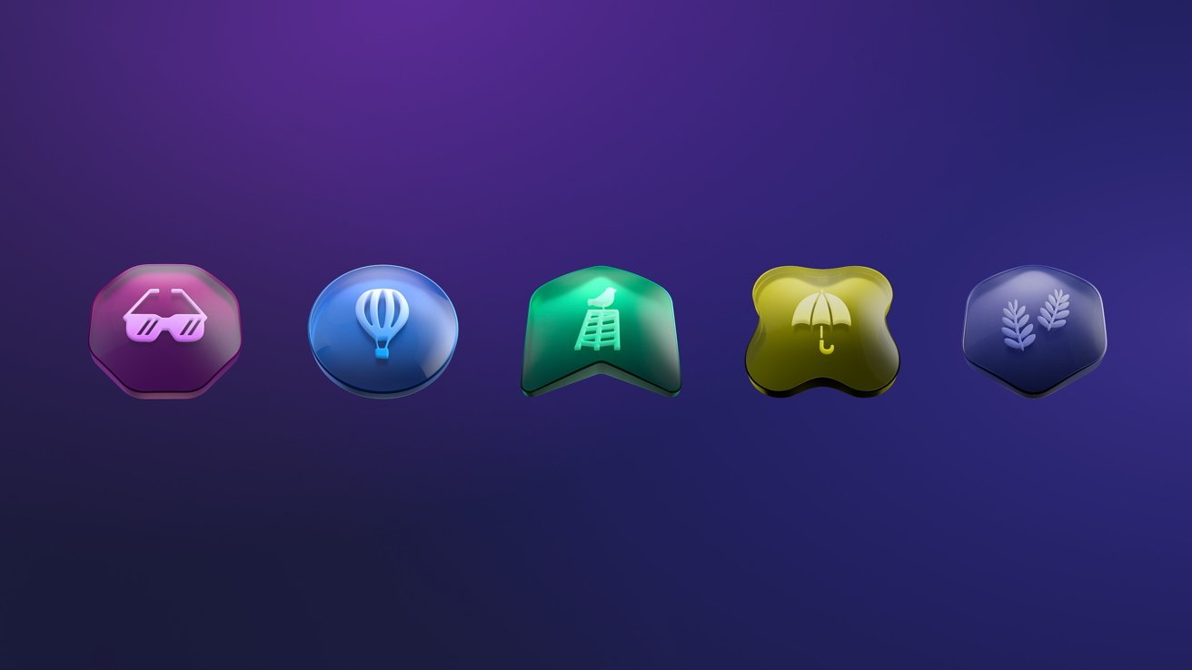 Five colorful 3D icons on a purple background, each with unique symbols: sunglasses, hot air balloon, tower, umbrella, and leaves.