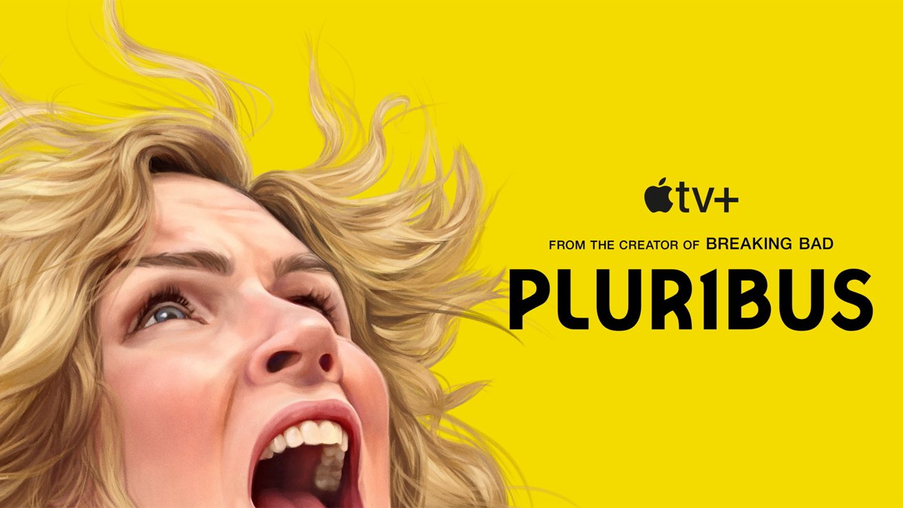 Woman with open mouth and flowing hair against a bright yellow background, text reads 'Pluribus,' 'Apple TV+,' 'From the creator of Breaking Bad.'