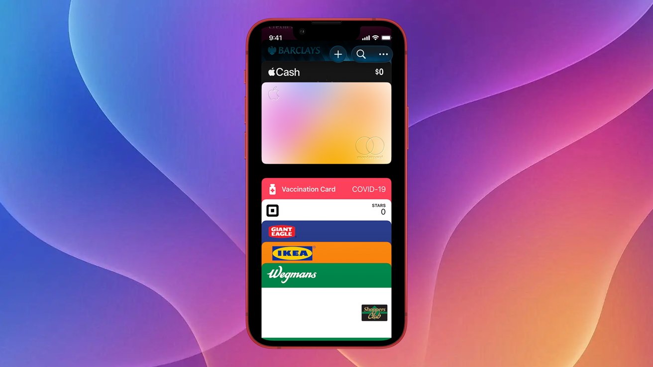 Smartphone screen displaying a digital wallet with Apple Card, COVID-19 vaccination card, and store loyalty cards against a colorful gradient background.